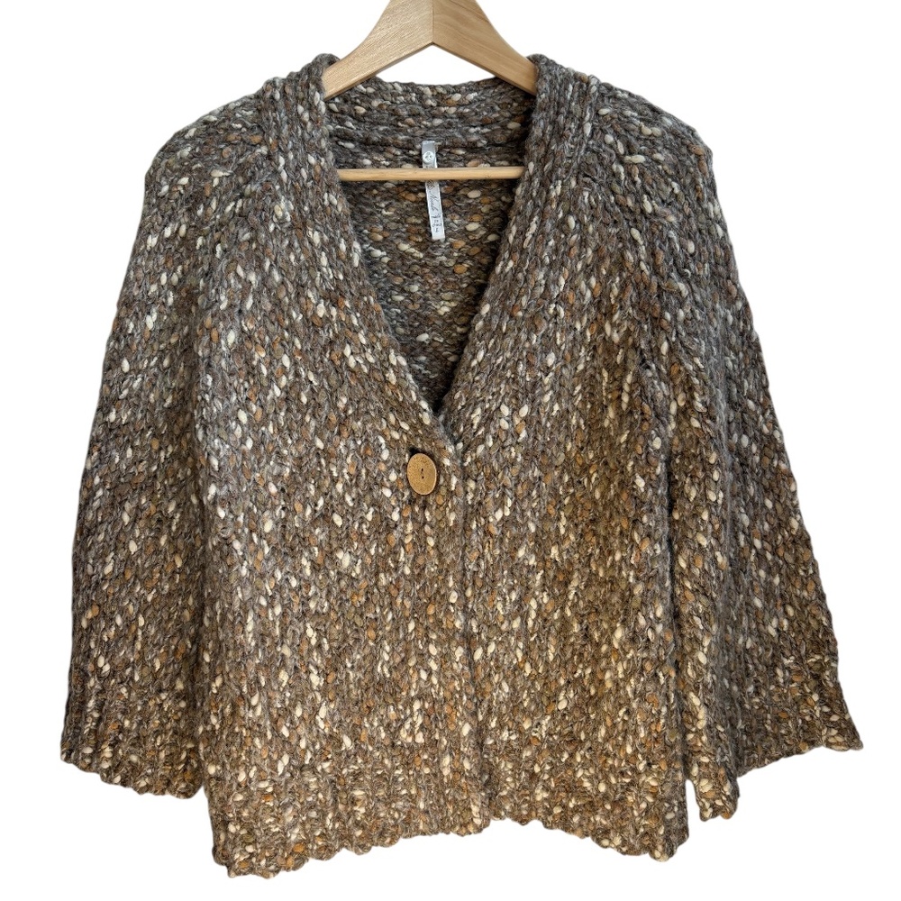 Leo & Nicole Chunky Knit Multi Color Sweater 1 Button Cardigan Size L 3/4 sleeve